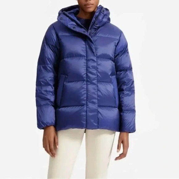 Everlane Re:down Puffy Puff Water Resistant Hooded Jacket in Blue Large New - Picture 2 of 12